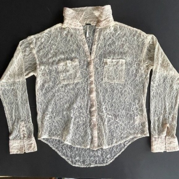 FREE PEOPLE LACE BLOUSE XSmall  Antique Ivory with Long Sleeves, Drop Shoulders - Picture 6 of 13